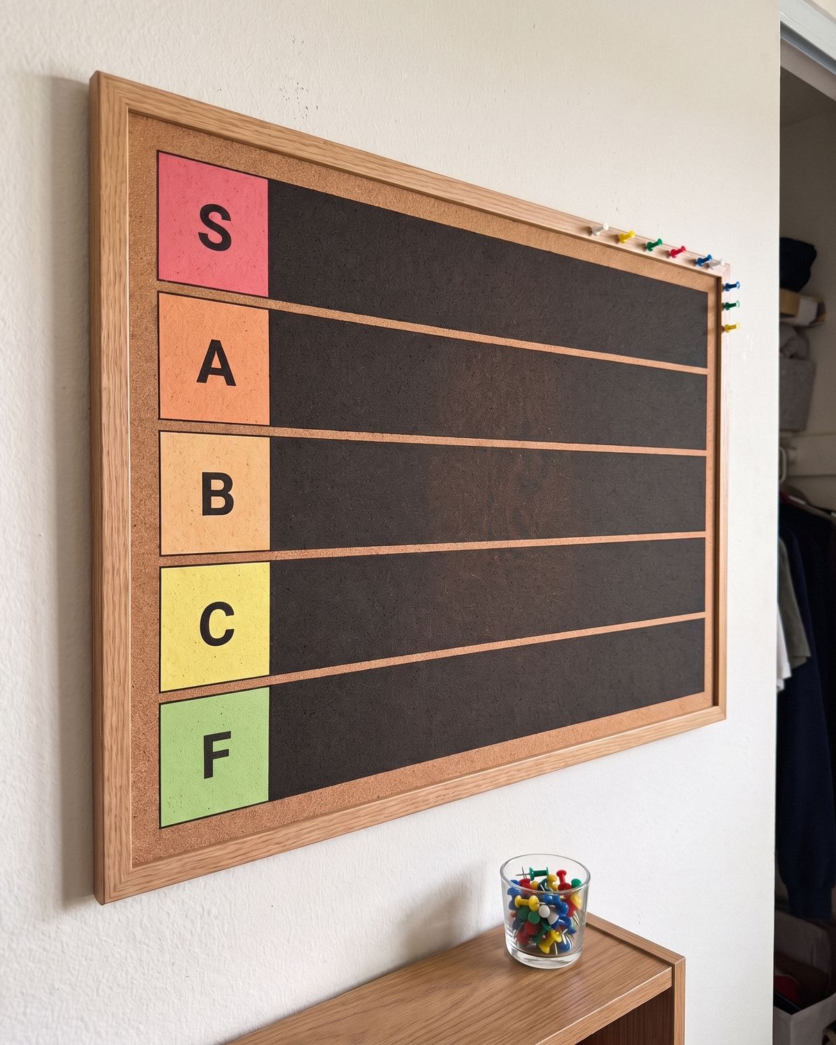 The Tier Board from the side, empty, with a cup of push pins below