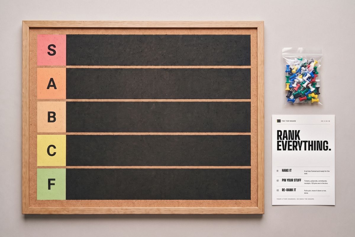 The Tier Board laid flat next to a bag of push pins and the card