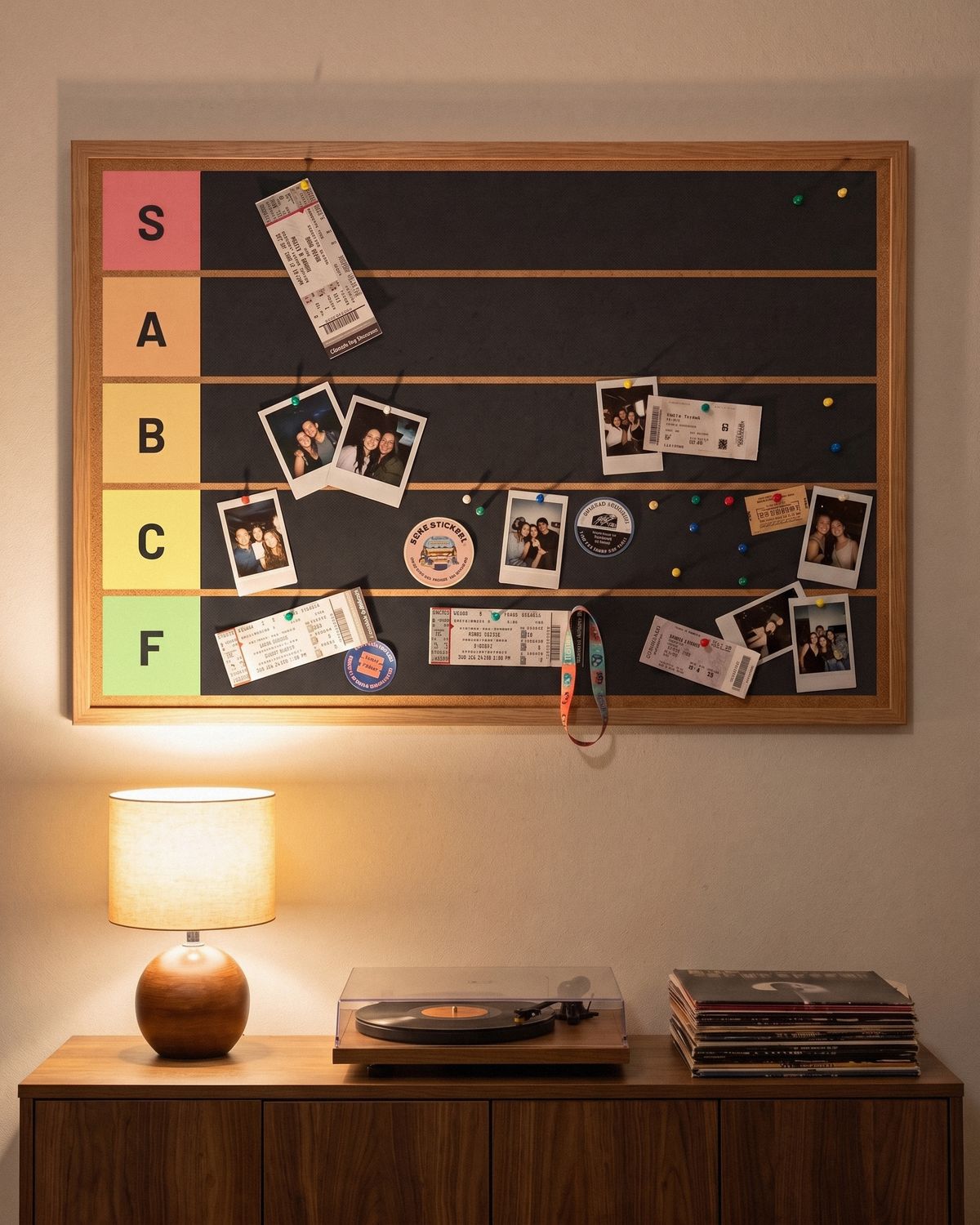 The Tier Board above a record player, concert tickets and polaroids pinned across the tiers