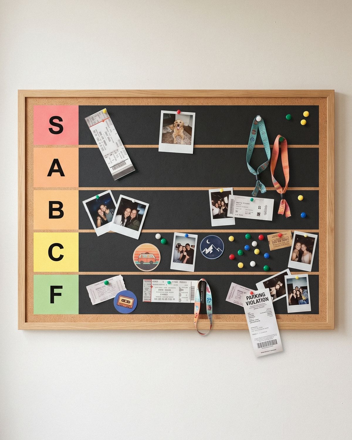 The Tier Board on a wall, in use: a concert ticket, a photo of a dog and two festival wristbands pinned in S tier, photos of friends, stickers and ticket stubs across B and C tier, and a parking ticket pinned in F tier
