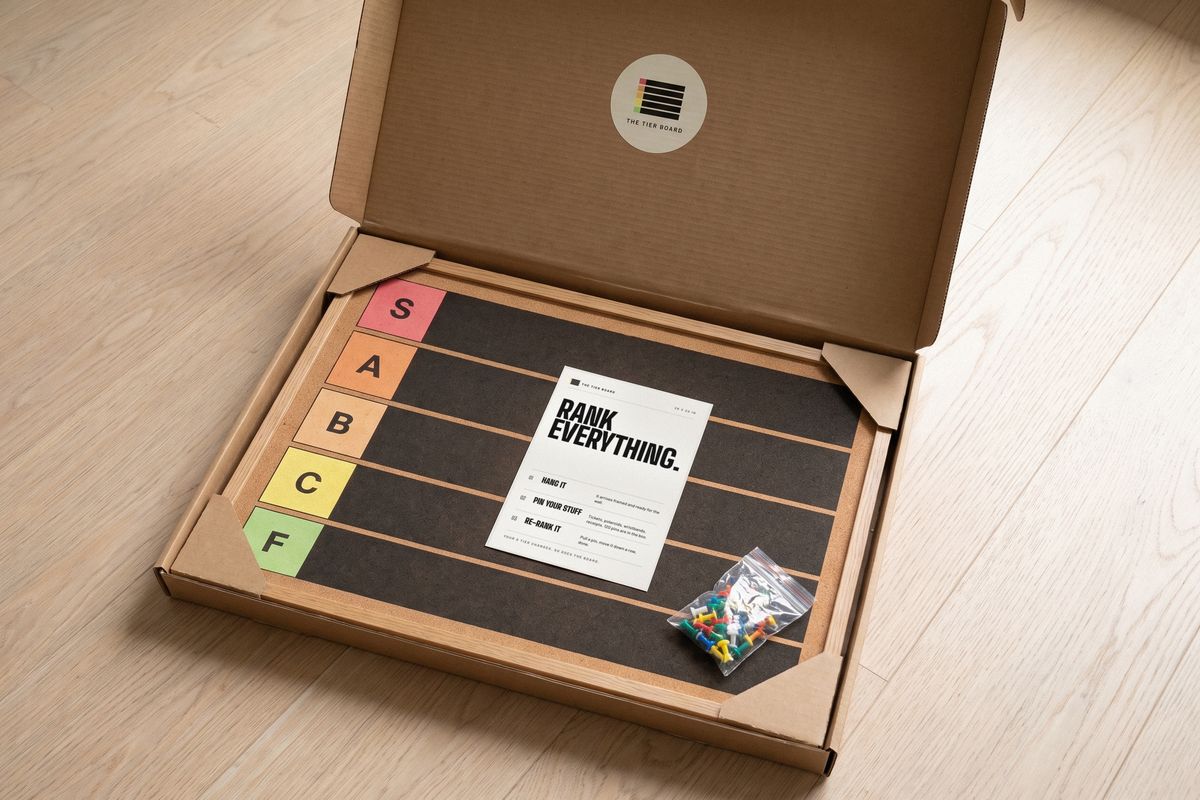 The Tier Board in its shipping box with cardboard guards on every corner, the card and the pins on top